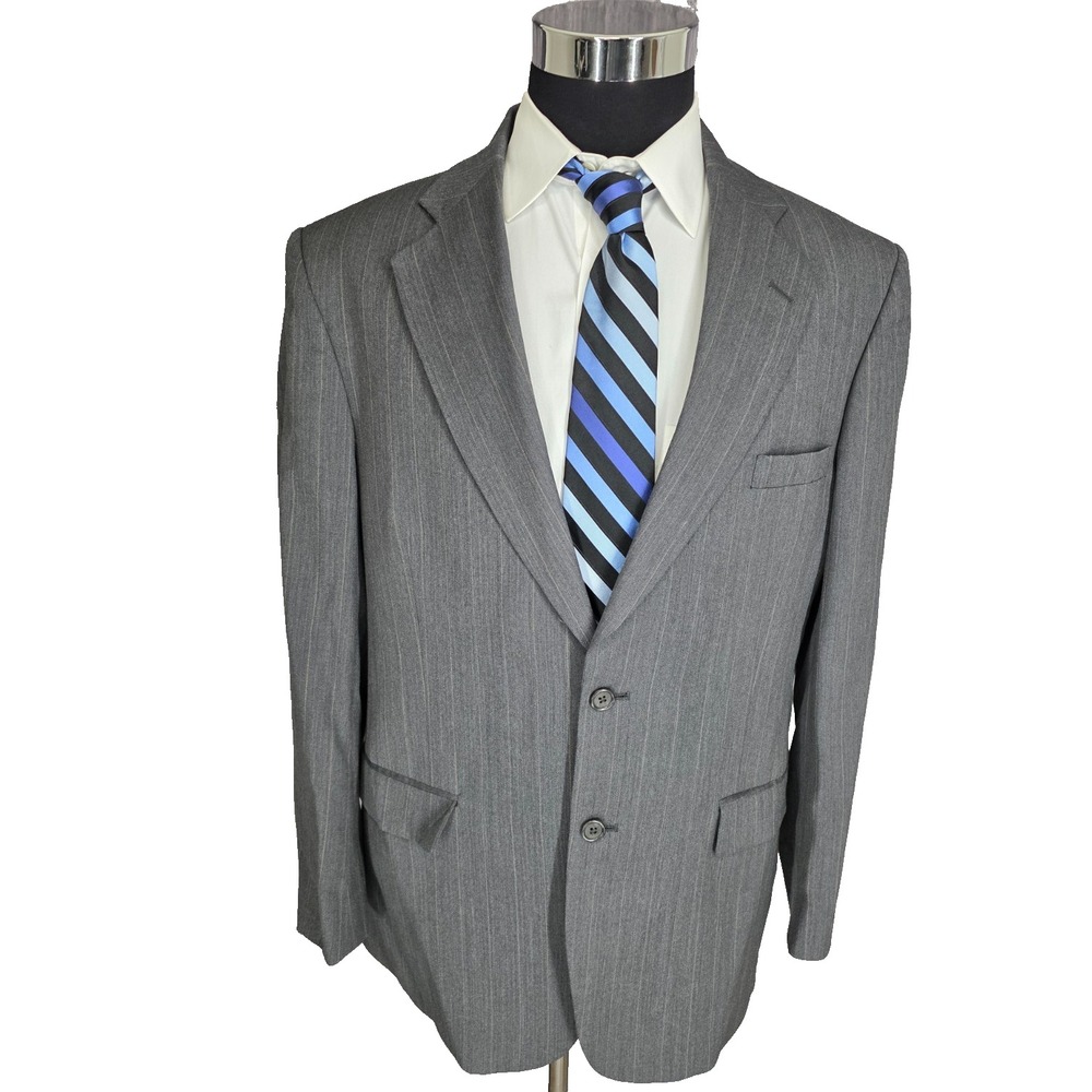 Stafford 2 Piece Suit Mens 42 L  Gray Worsted‎ Wool Pants 34x29 Cuffed Pinstripe